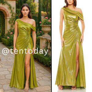 Mac Duggal 27152 Size 14 Green Off The Shoulder Ruched Metallic Gown Maxi Dress